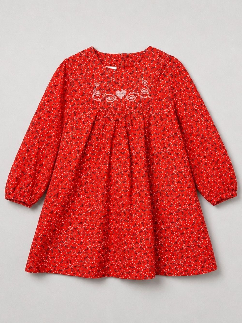 Polarn O Pyret Red cotton long sleeve dress with cross stitch heart details